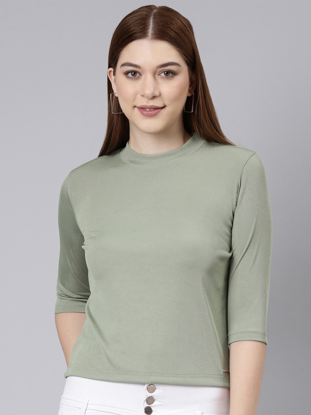 

TWIN BIRDS High Neck Ribbed Casual T-Shirt, Green