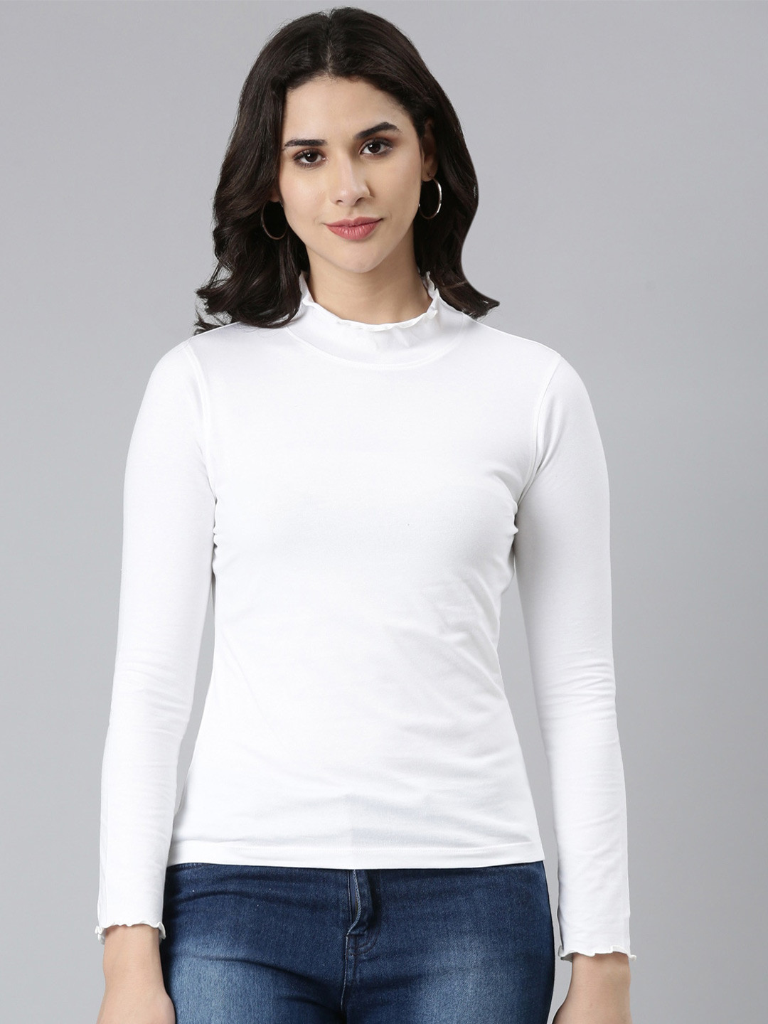 

TWIN BIRDS High Neck Cotton T-shirt, White
