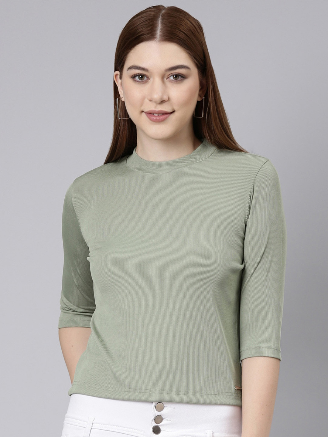 

TWIN BIRDS High Neck Ribbed Casual T-Shirt, Green