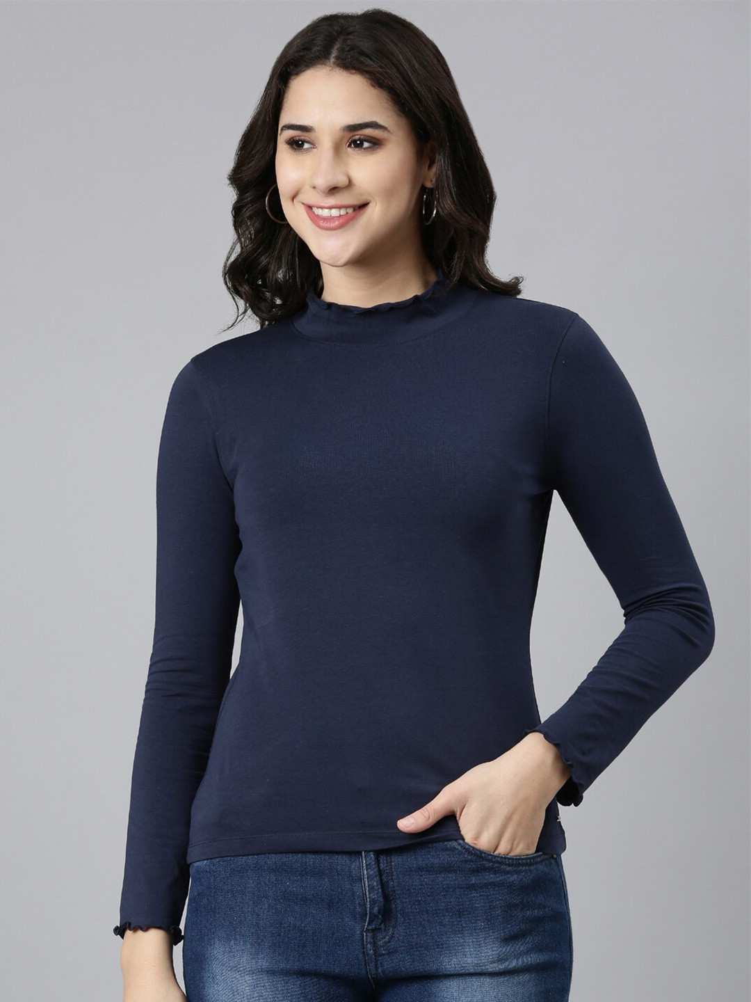 

TWIN BIRDS High Neck Cotton T-shirt, Navy blue