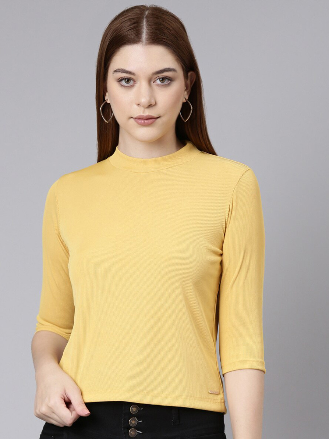 

TWIN BIRDS High Neck Ribbed Casual T-Shirt, Yellow