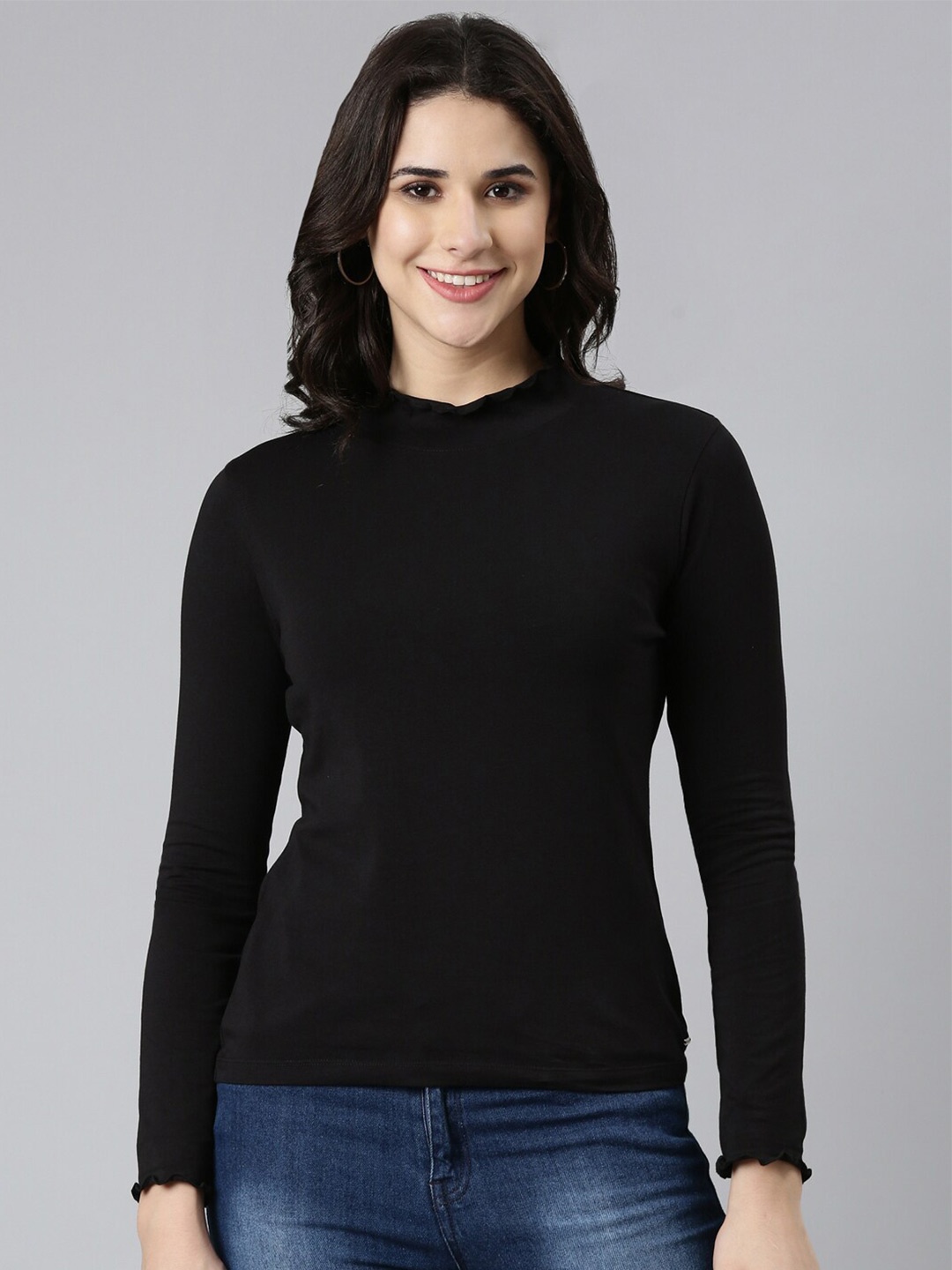 

TWIN BIRDS High Neck Cotton T-shirt, Black
