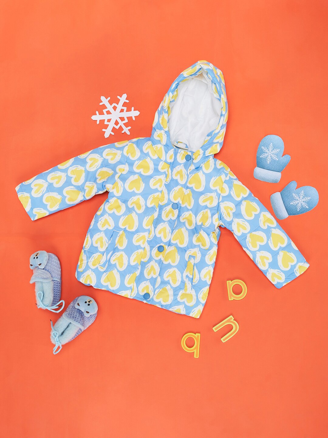 

Pantaloons Baby Girls Conversational Printed Hooded Cotton Padded Jacket, Blue