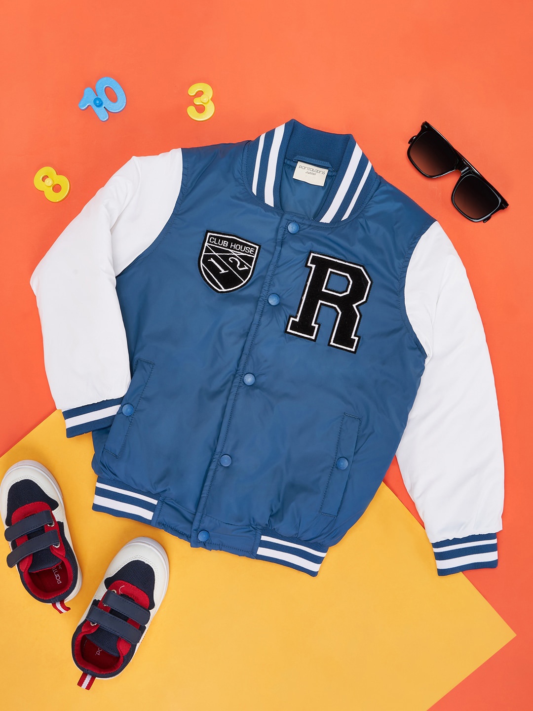 

Pantaloons Junior Boys Typography Embroidered Mock Collar Varsity Jacket, Blue
