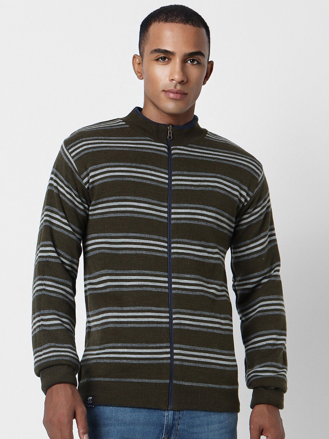

Peter England Casuals Striped Acrylic Front-Open Sweaters, Brown