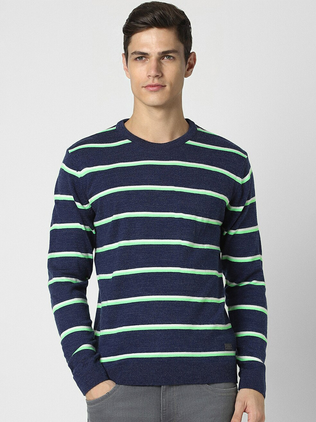 

Peter England Casuals Striped Pure Cotton Pullover Sweater, Navy blue