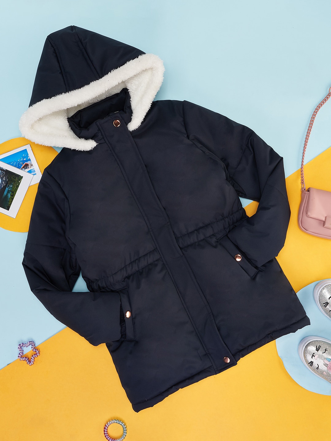 

Pantaloons Junior Girls Hooded Longline Puffer Jacket, Navy blue