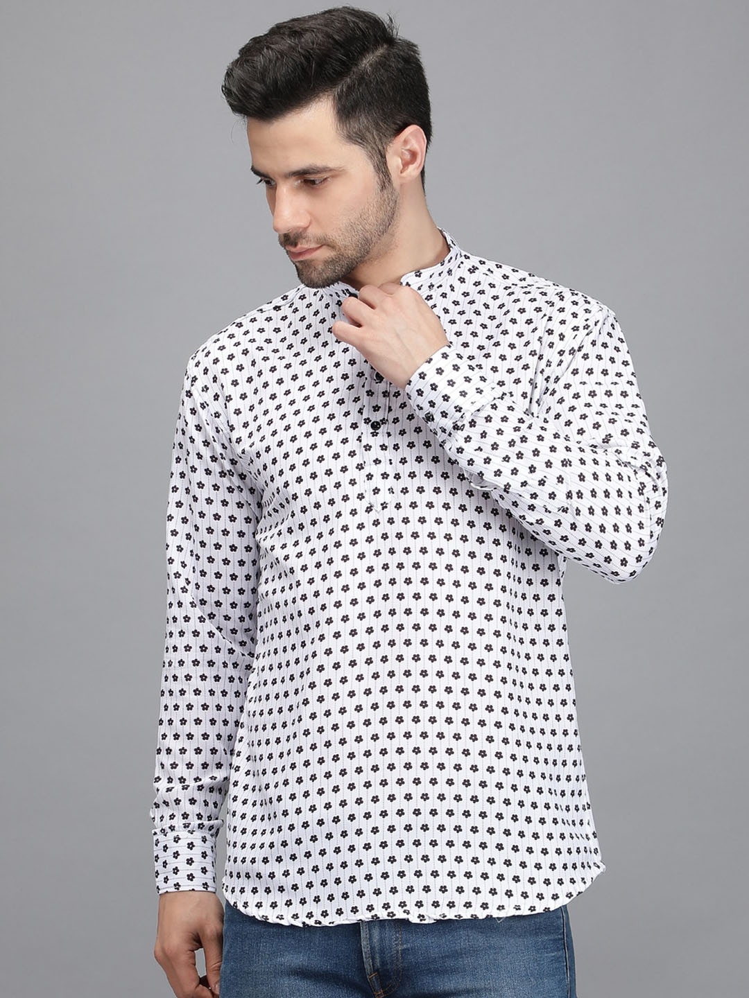 Bought First Floral Printed Mandarin Collar Pure Cotton Short Kurta, White