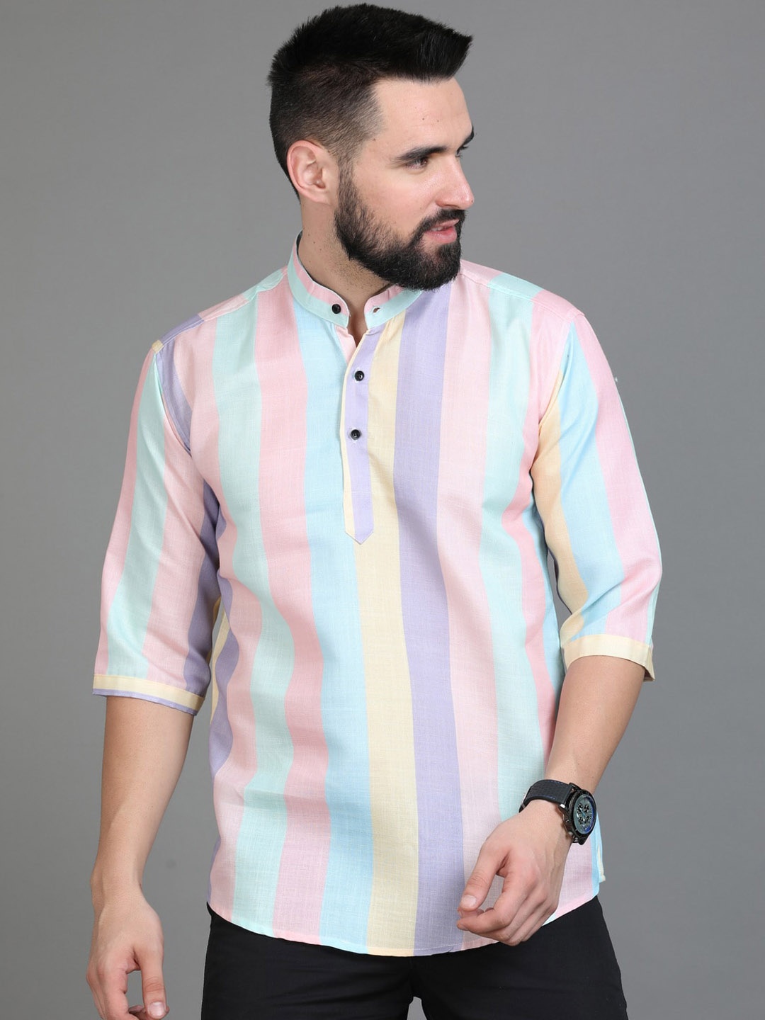 

Bought First Striped Mandarin Collar Pure Cotton Short Kurta, Turquoise blue