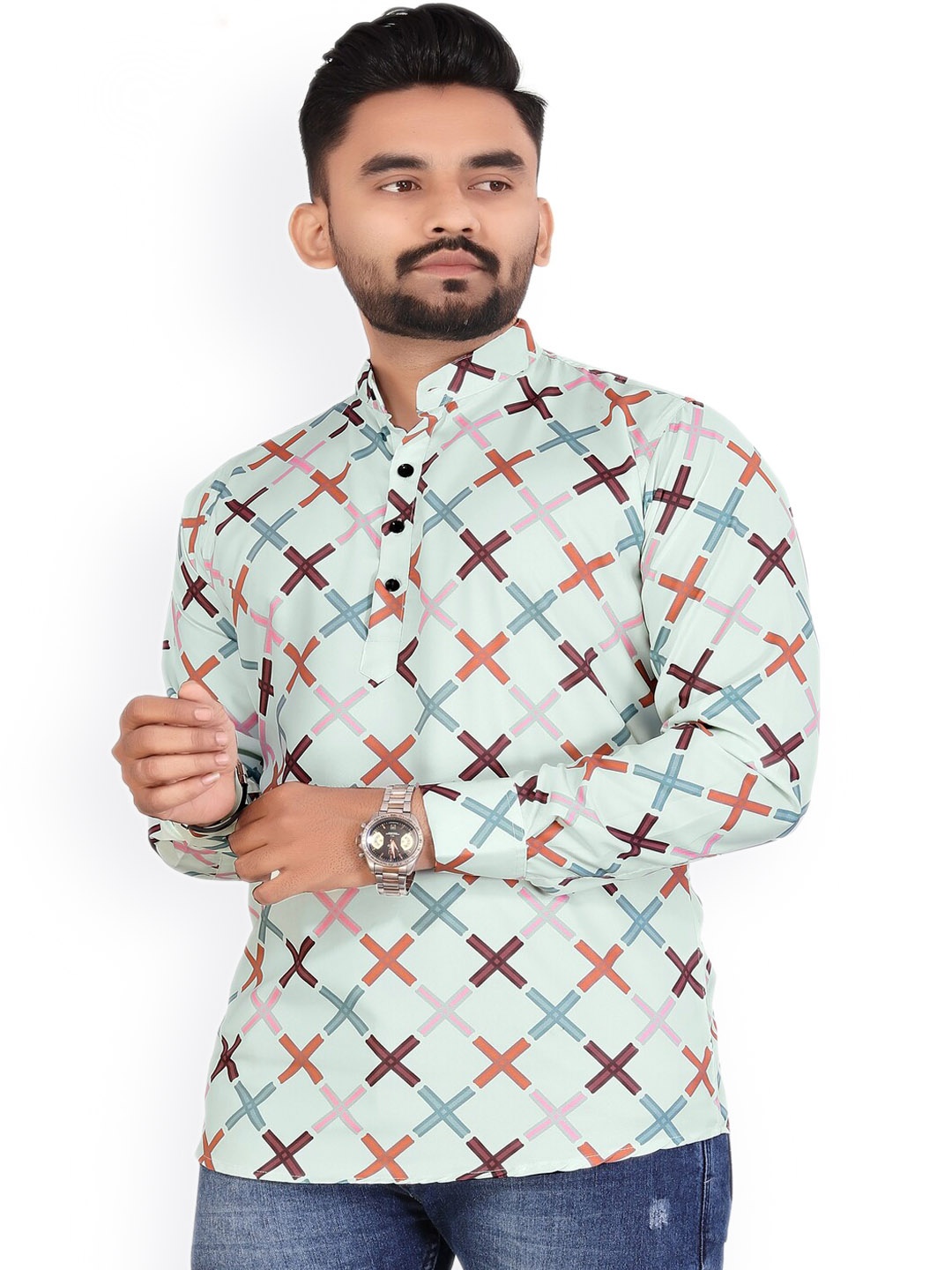 Bought First Geometric Printed Mandarin Collar Pure Cotton Short Kurta, Green