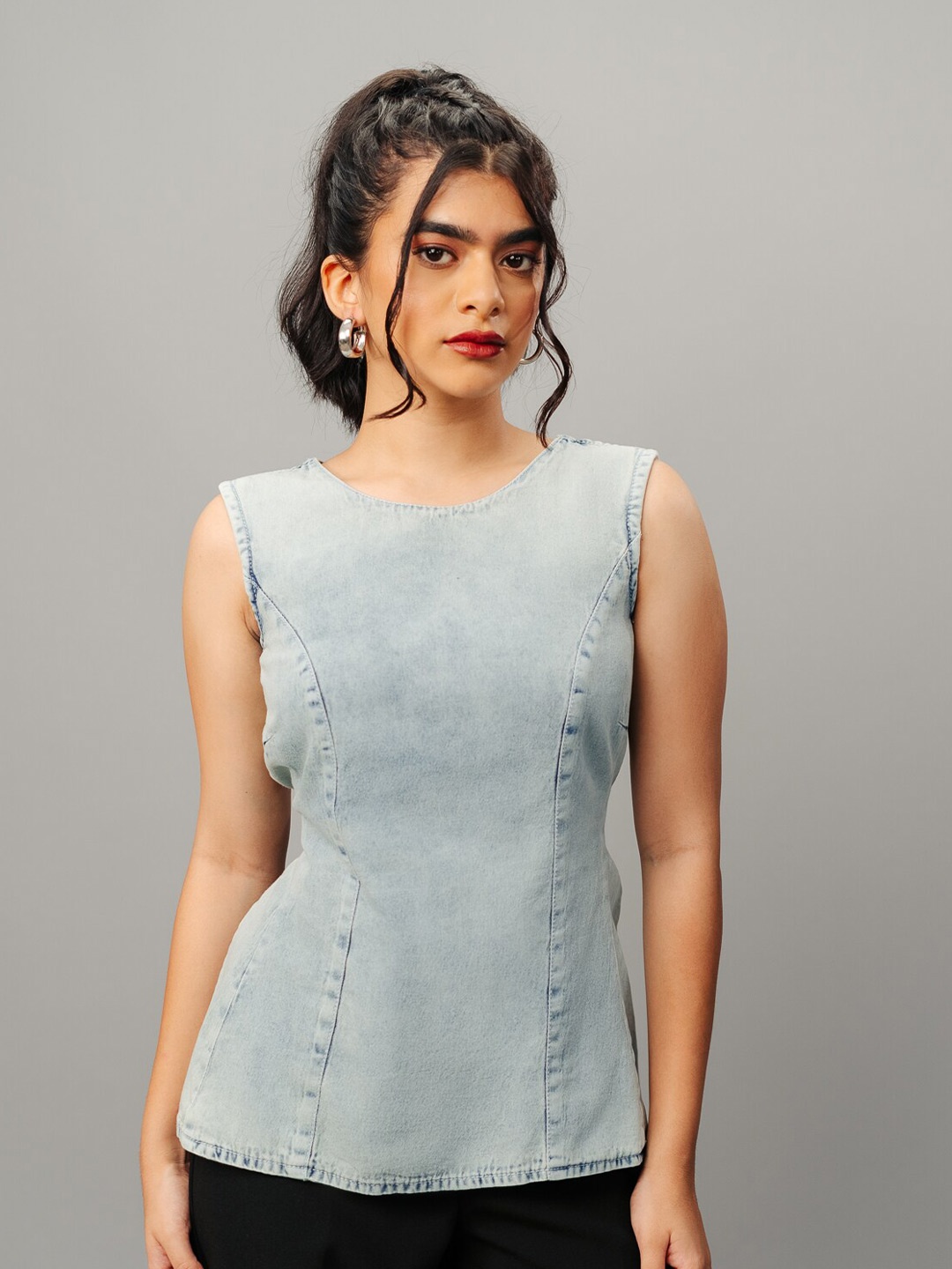 

FREAKINS Blue Sleeveless Cotton Denim Styled Back Top With Back Tie-Ups