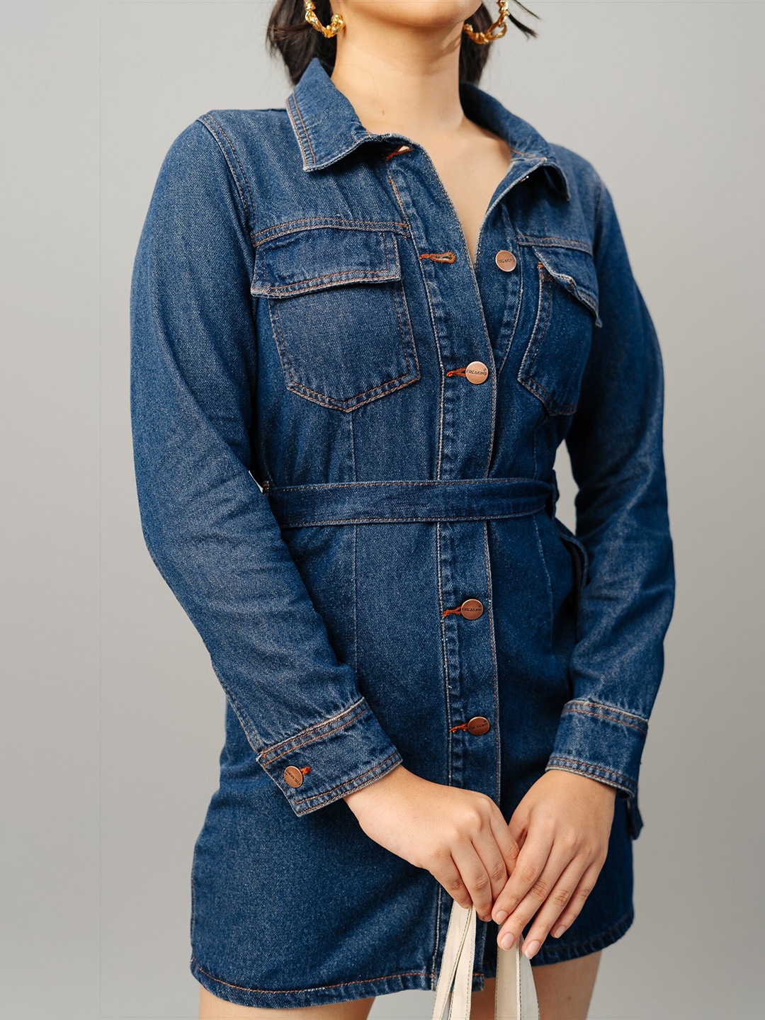 

FREAKINS Shirt Colar Belted Denim Shirt Dress, Blue