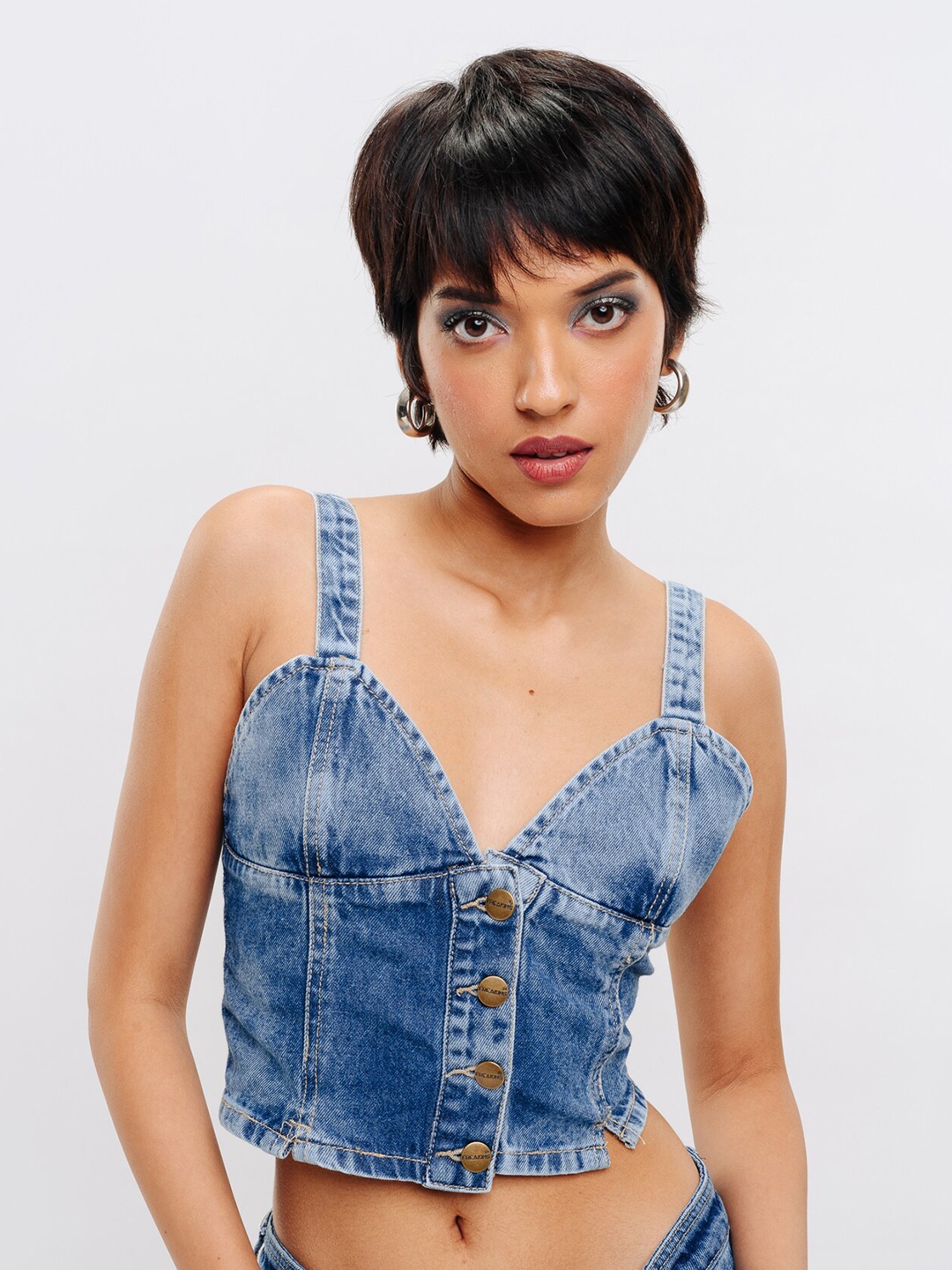 

FREAKINS Blue Shoulder Strapped Cotton Denim Bralette Crop Top