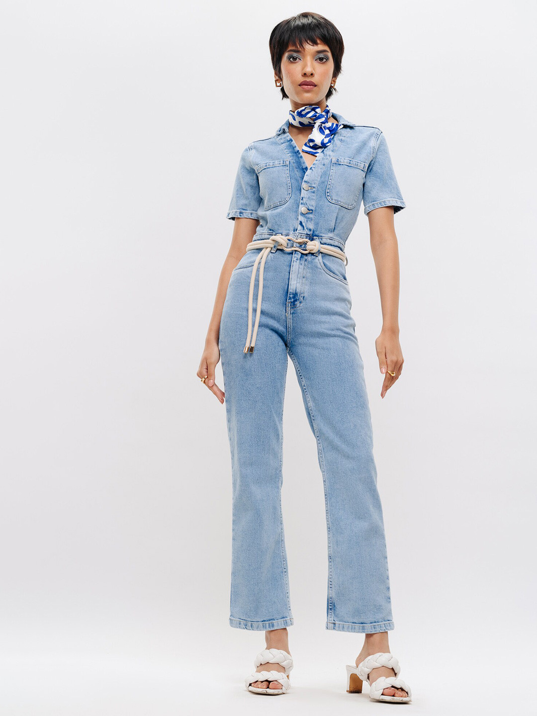 

FREAKINS Shirt Collar Waist Tie-Ups Detail Denim Basic Jumpsuit, Blue