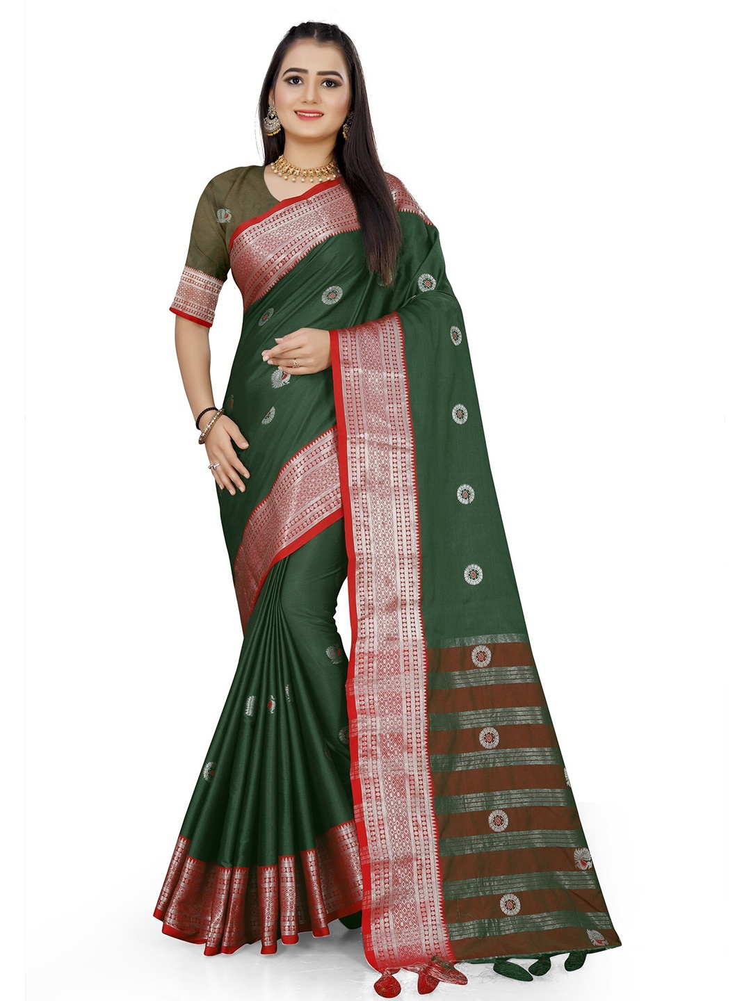 

Mitera Green Ethnic Motif Woven Design Zari Banarasi Saree