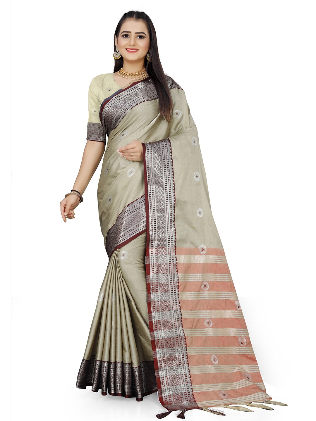 

Mitera Beige Ethnic Motifs Woven Design Zari Banarasi Saree