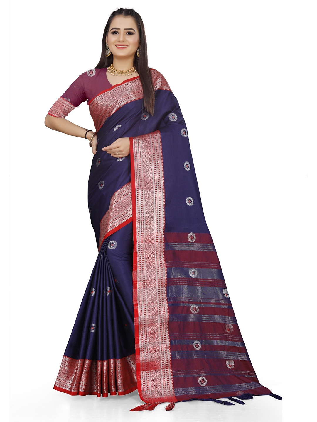 

Mitera Blue Ethnic Motifs Woven Designed Banarasi Saree