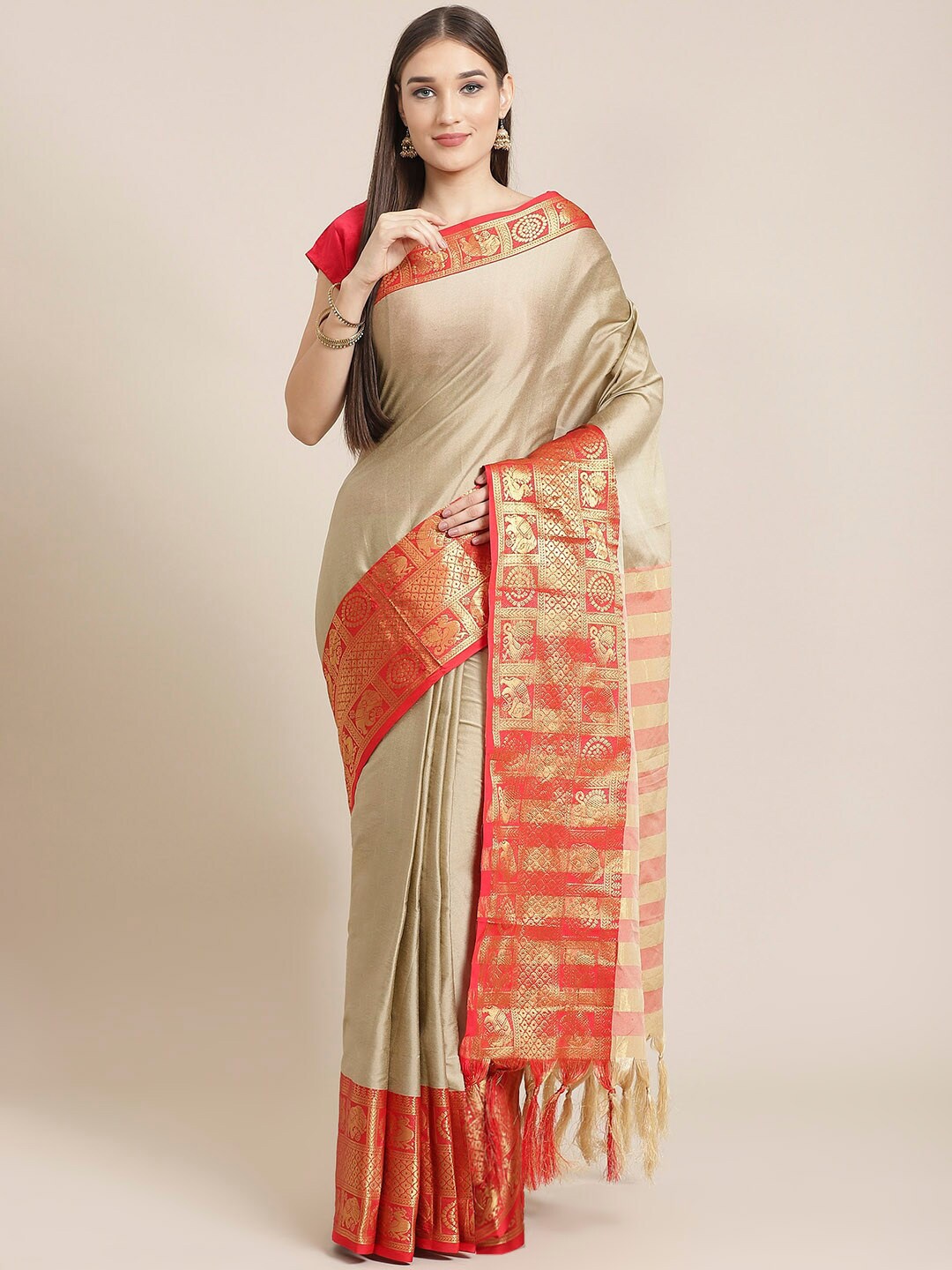 

Mitera Zari Cotton Blend Saree, Beige