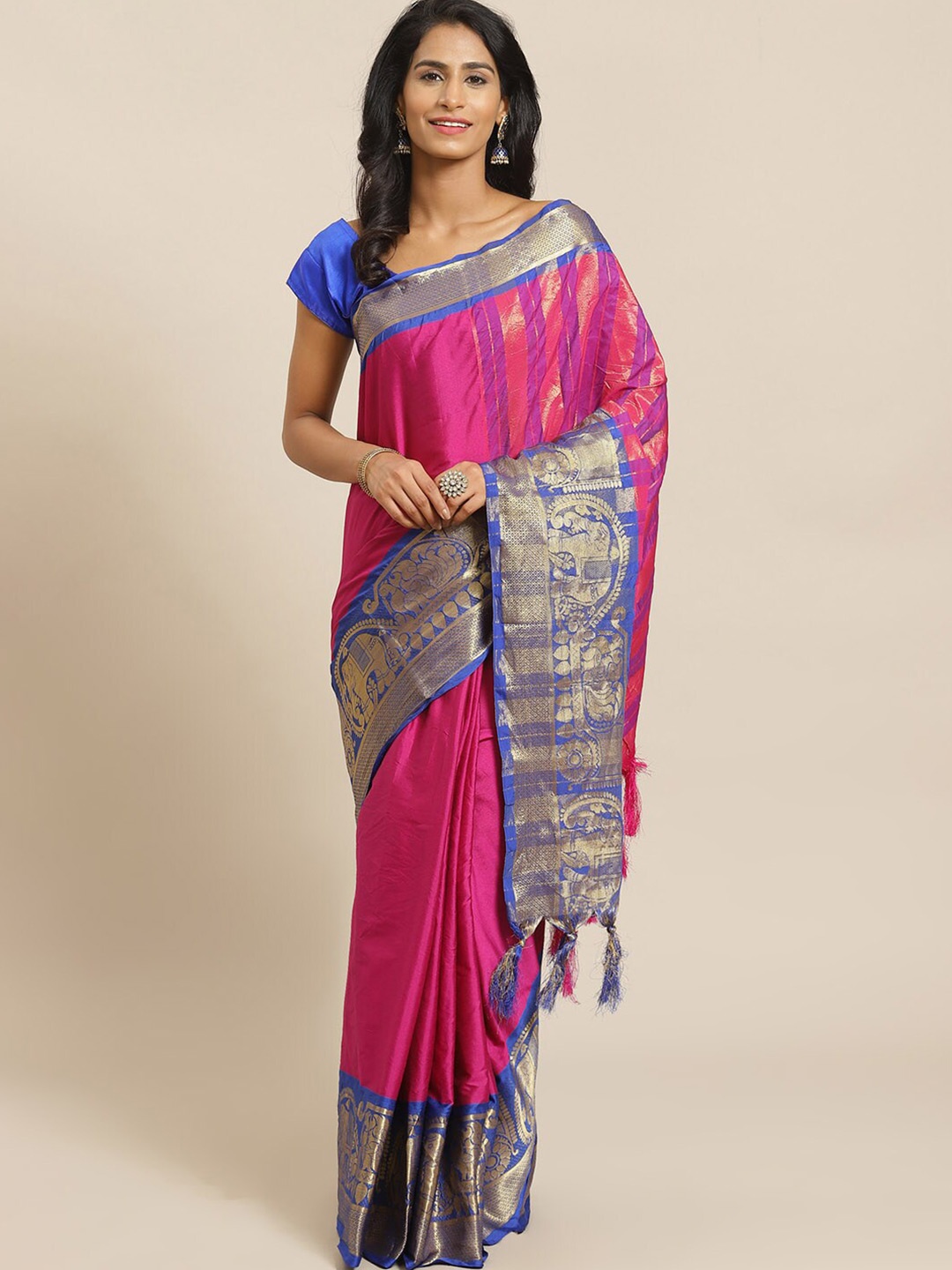 

Mitera Pink & Blue Zari Banarasi Saree