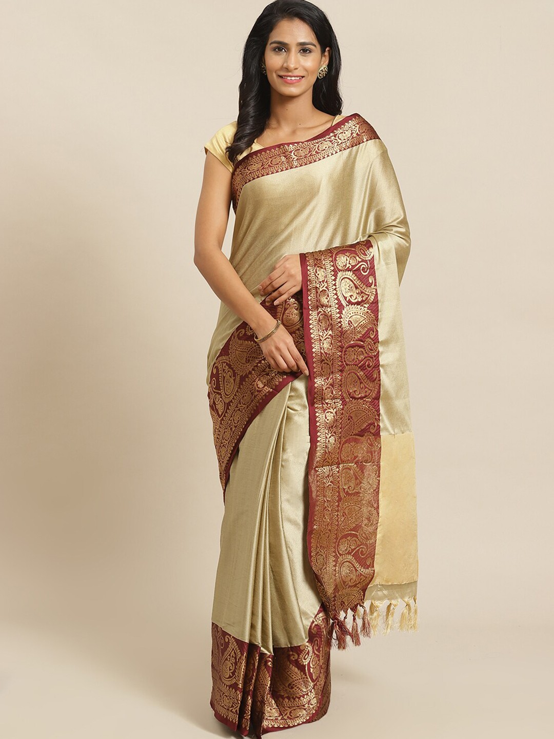 

Mitera Woven Design Border Detail Zari Banarasi Saree, Beige