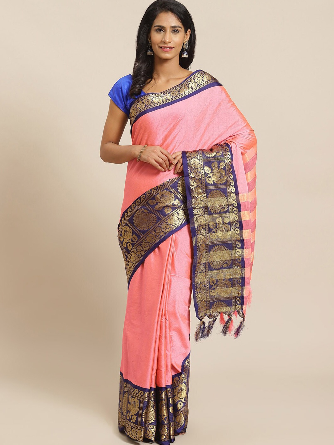 

Mitera Pink & Blue Zari Banarasi Saree