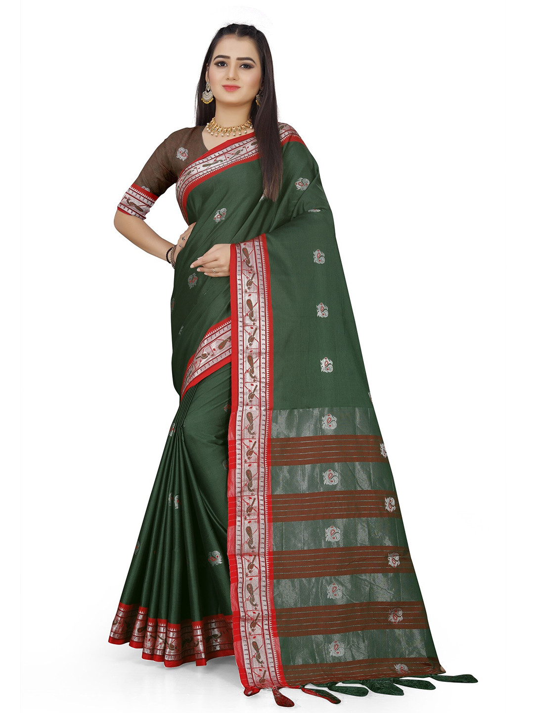

Mitera Green Ethnic Motifs Woven Design Zari Banarasi Saree