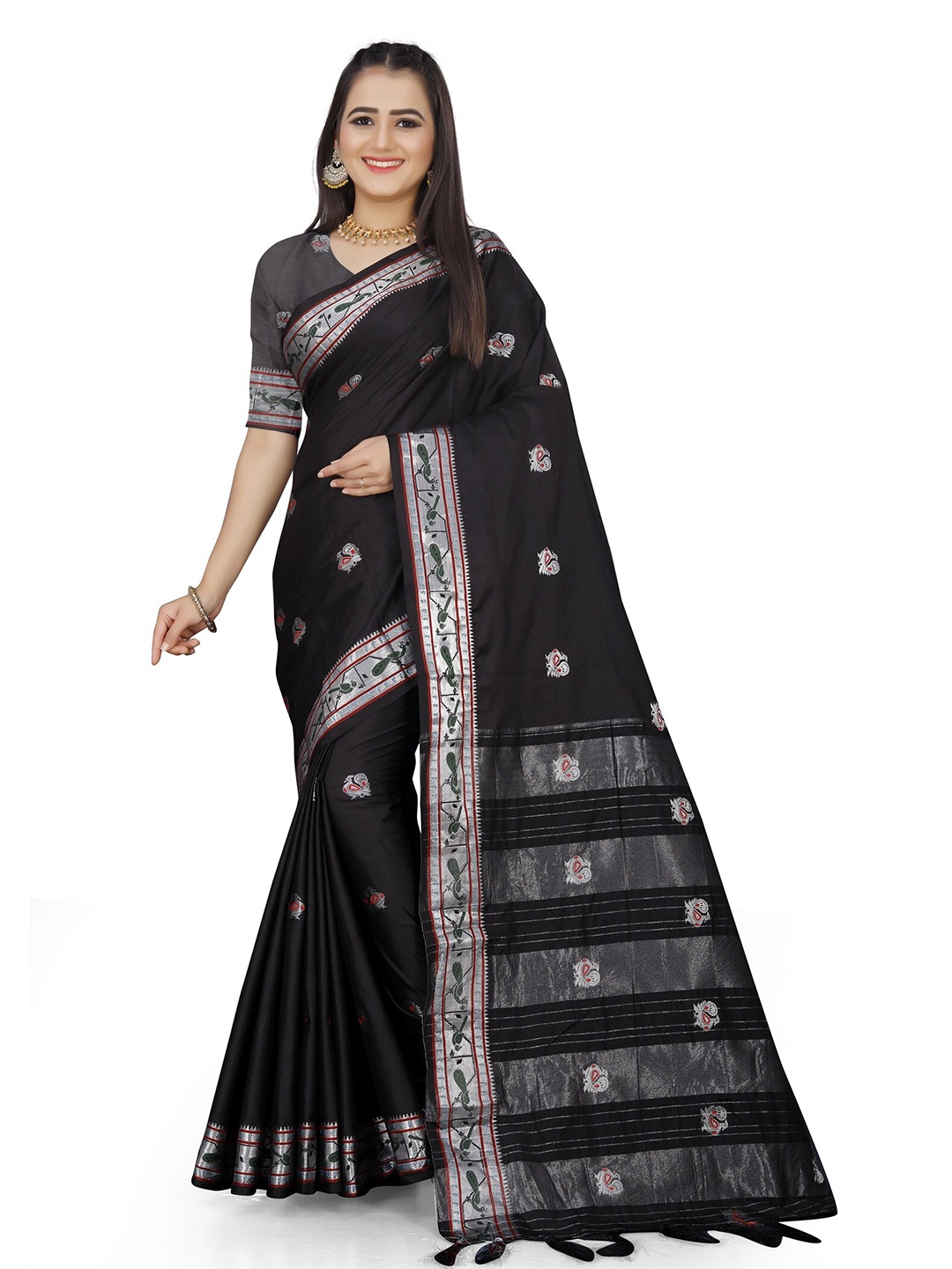 

Mitera Black Ethnic Motifs Woven Design Zari Banarasi Saree