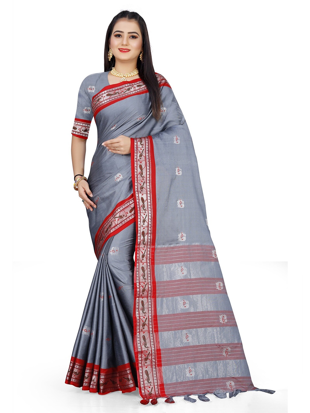 

Mitera Grey Ethnic Motifs Woven Design Zari Banarasi Saree