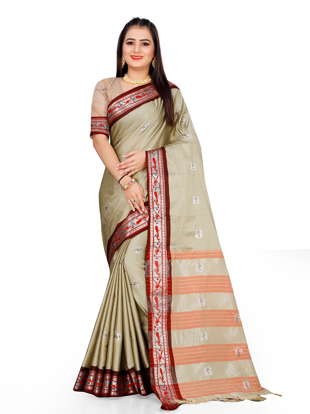 

Mitera Ethnic Motifs Woven Design Zari Detail Saree, Beige
