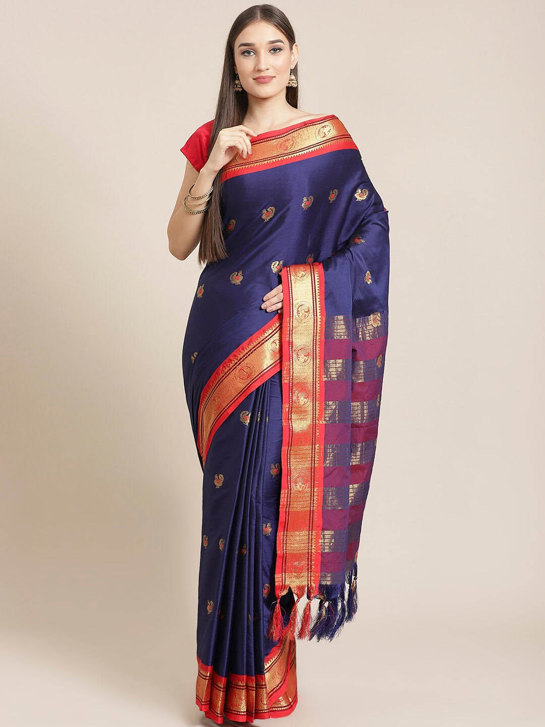 

Mitera Blue Ethnic Motifs Woven Design Zari Banarasi Saree