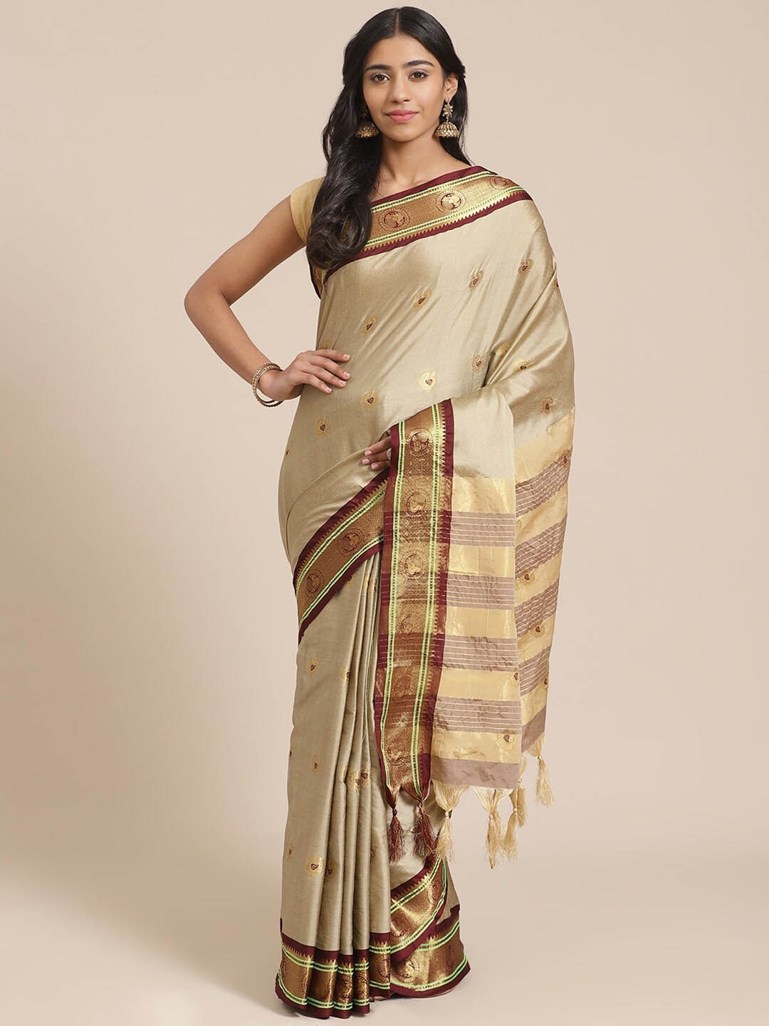 

Mitera Ethnic Motifs Woven Design Zari Saree, Beige