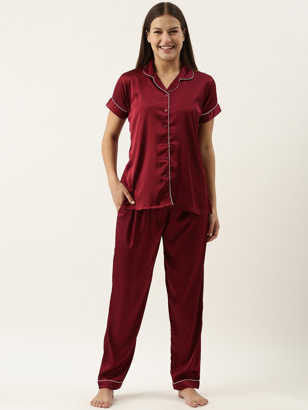 

NOIRA Lapel Collar Satin Night Suit, Maroon