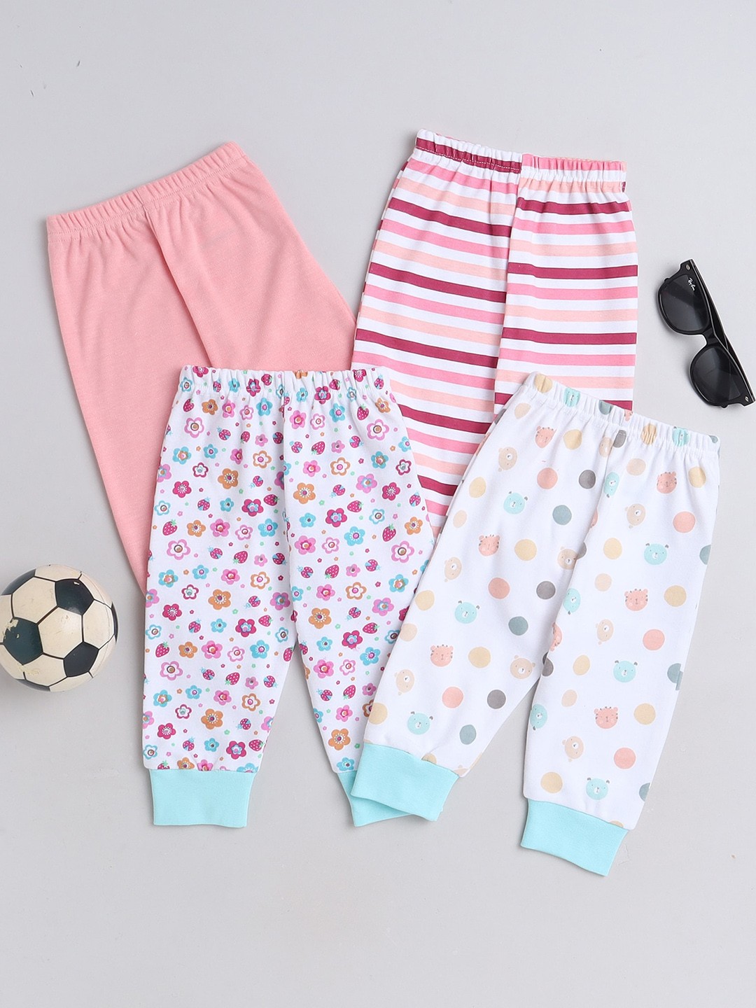 

BUMZEE Infants Girls Pack of 4 Mid Rise Pure Cotton Joggers, Pink