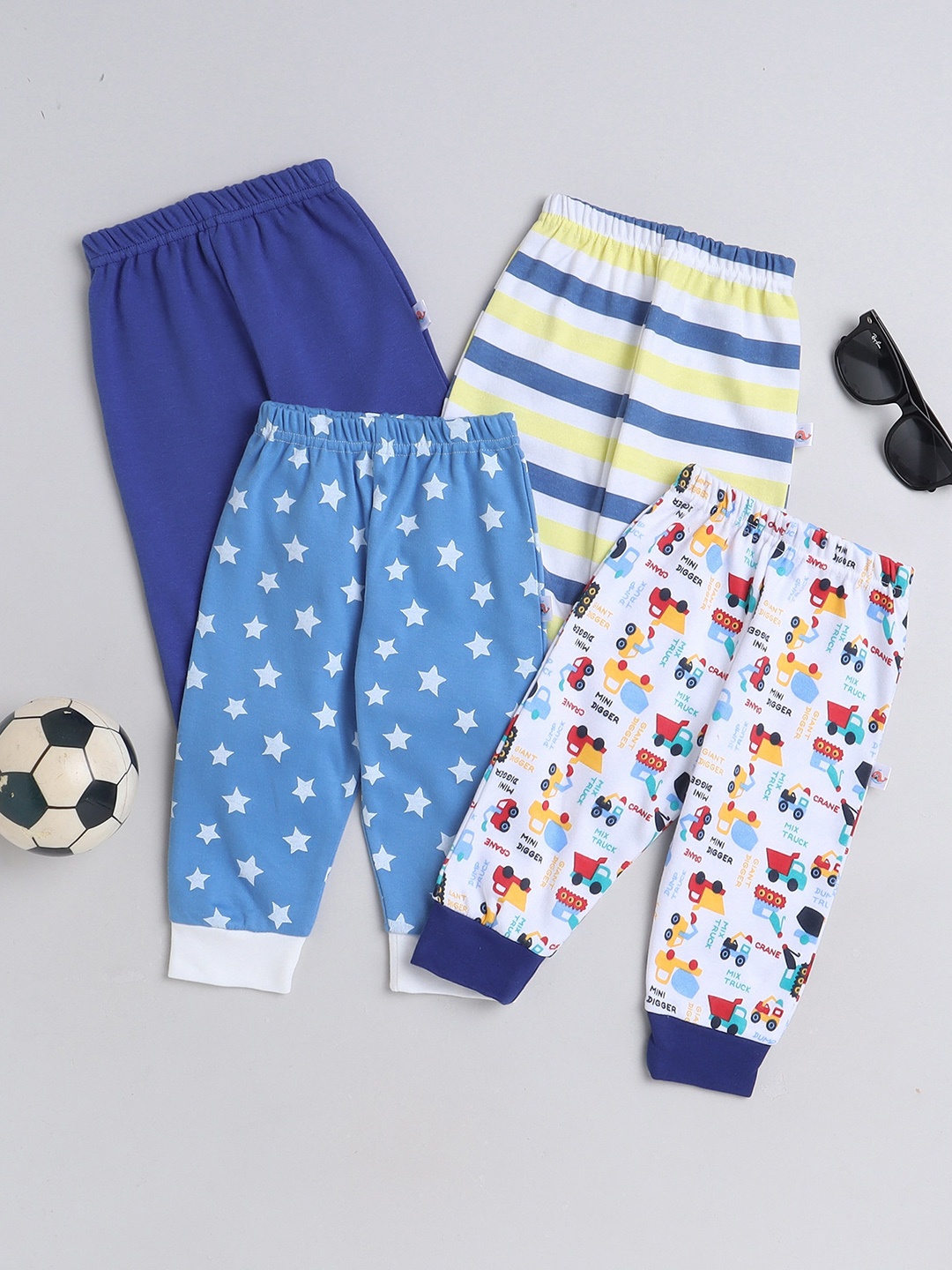 

BUMZEE Infants Boys Pack of 4 Mid Rise Pure Cotton Joggers, Blue