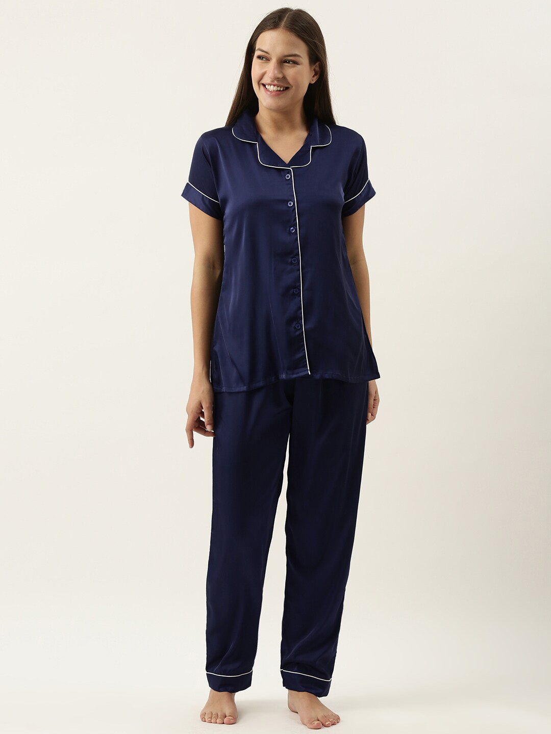 

NOIRA Lapel Collar Satin Night Suit, Navy blue