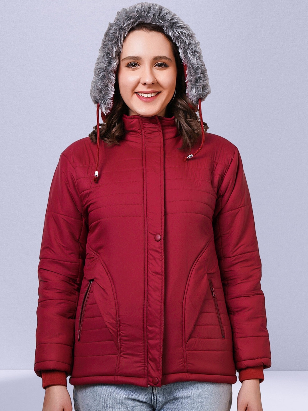 

NUEVOSDAMAS Hooded Long Sleeves Faux Fur Trim Padded Jacket, Maroon