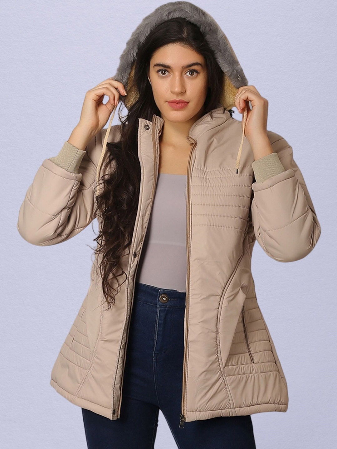 

NUEVOSDAMAS Detachable Hooded Faux Fur Trim Longline Puffer Jacket, Beige