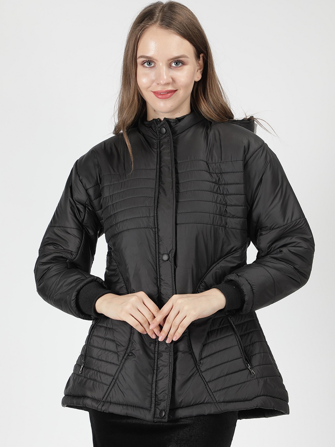 

NUEVOSDAMAS Detachable Hooded Faux Fur Trim Longline Puffer Jacket, Black