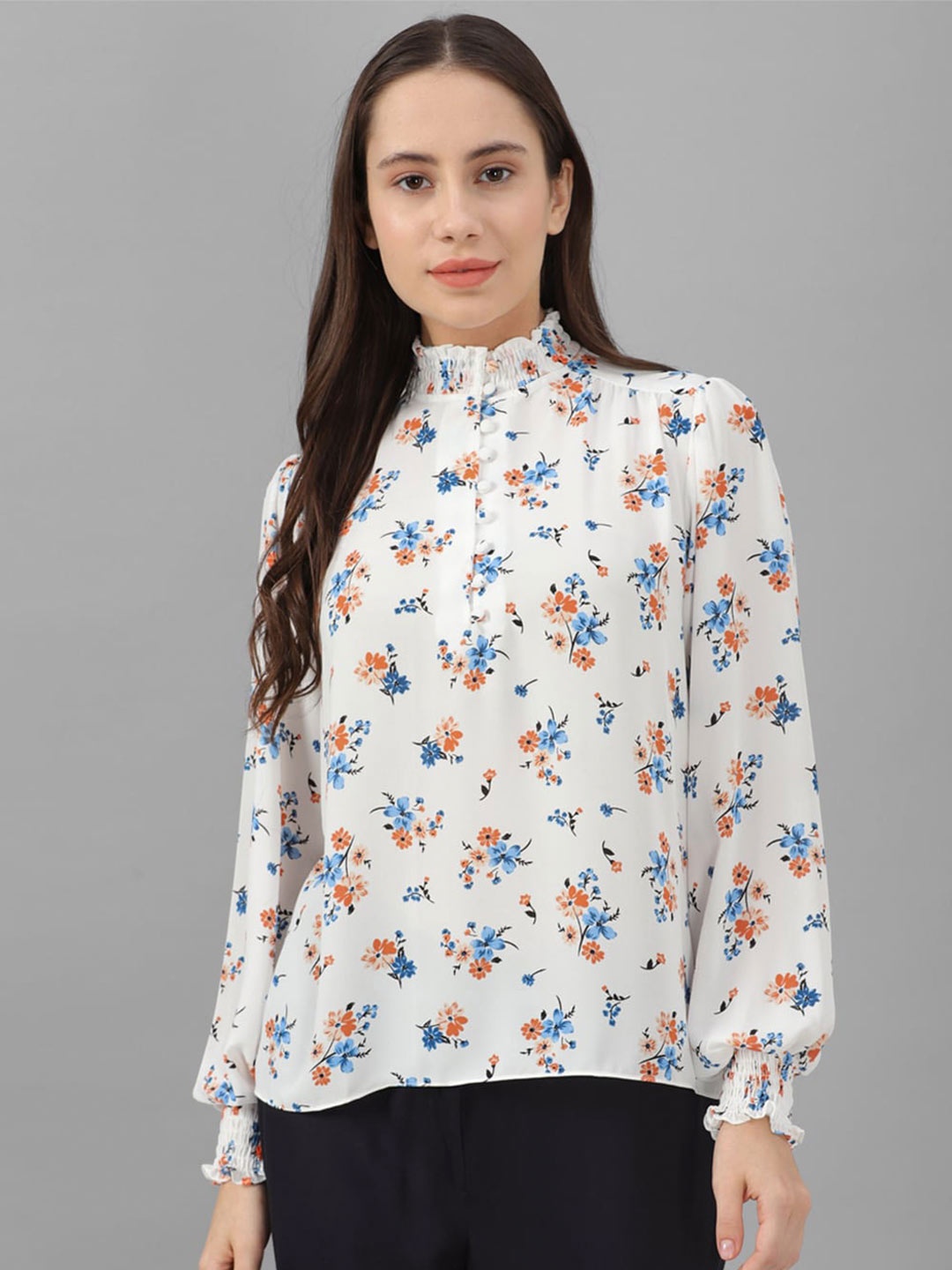 

Allen Solly Woman Floral Printed High Neck Cuffed Sleeves Smocking Top, White