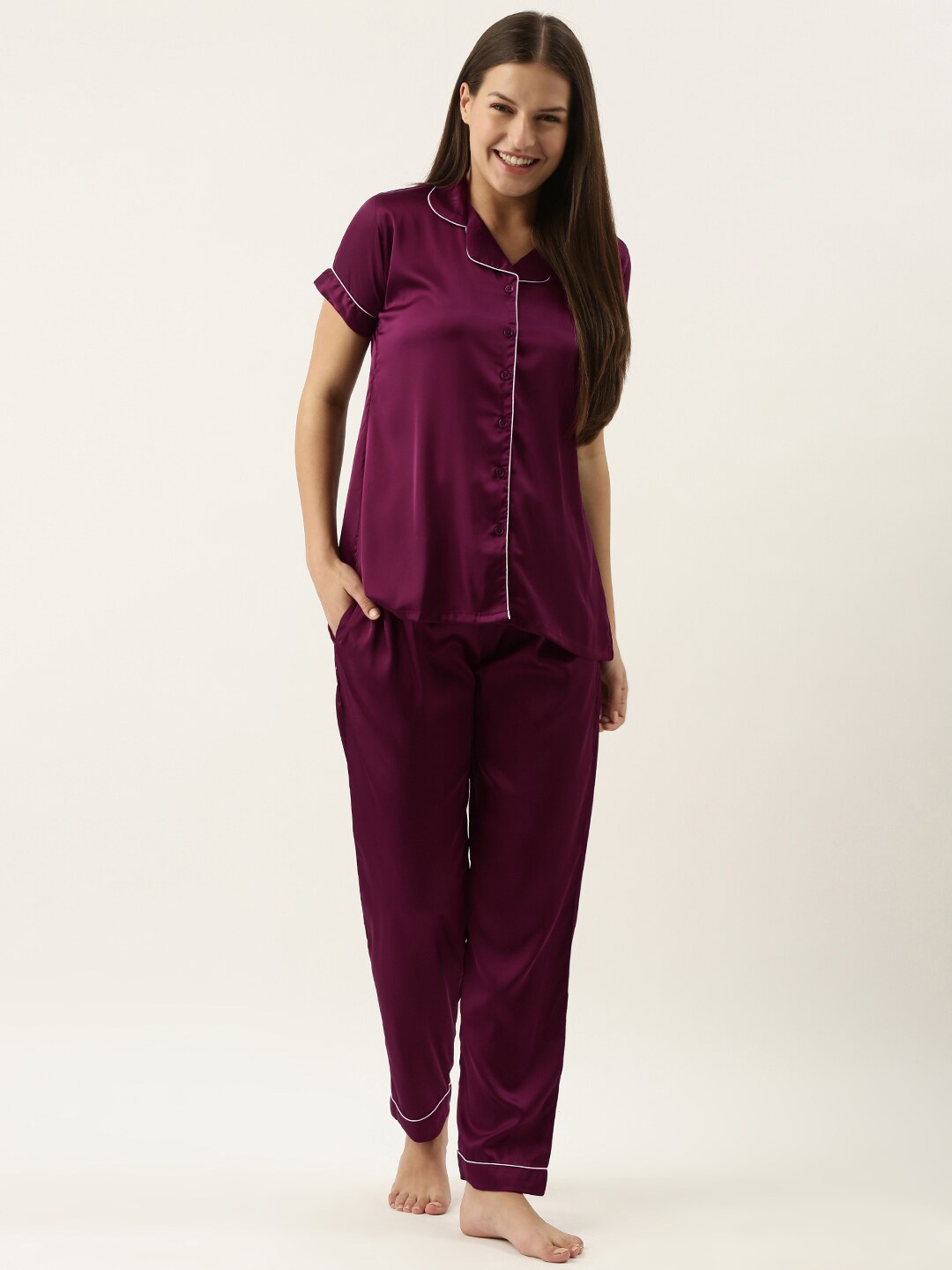 

NOIRA Laple Collar Shirt With Pyjamas, Purple