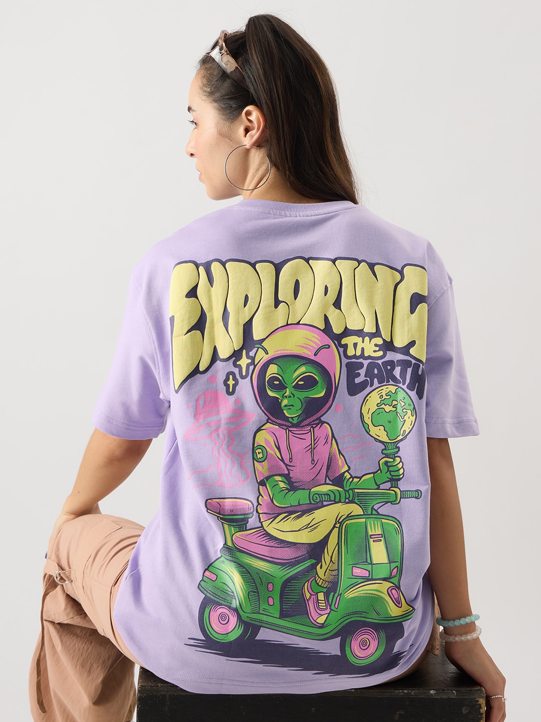 

The Souled Store Lavender Alien Invasion Printed Pure Cotton Oversized T-shirt
