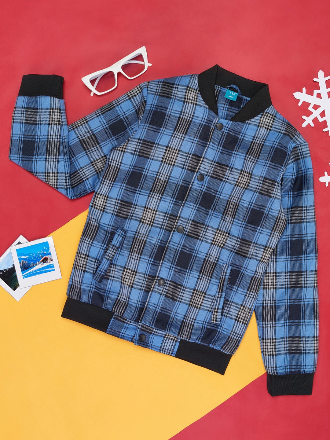 

YU by Pantaloons Girls Checked Bomber Jacket, Blue