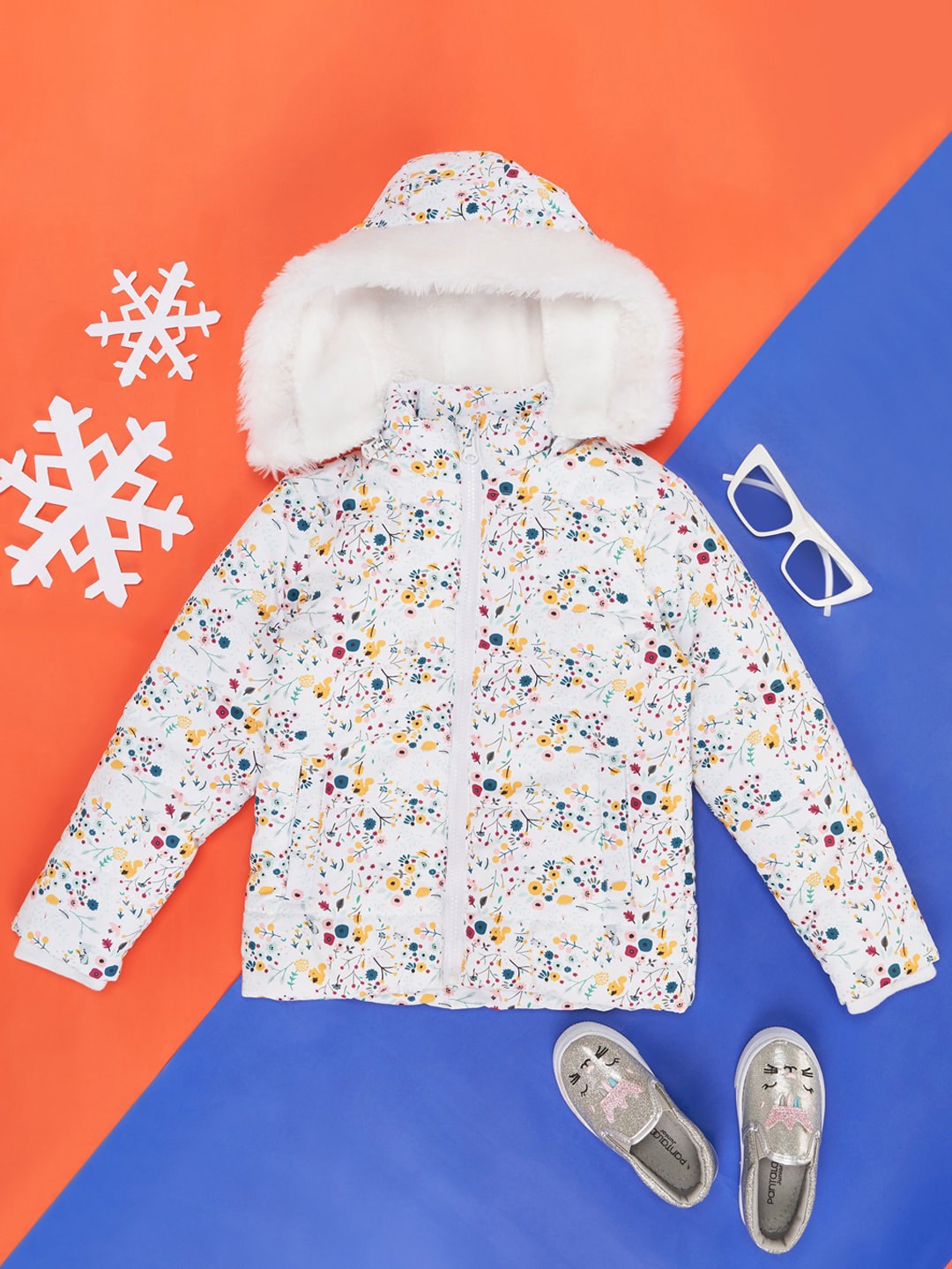 

YU by Pantaloons Girls Floral Printed Hooded Puffer Jacket, Off white