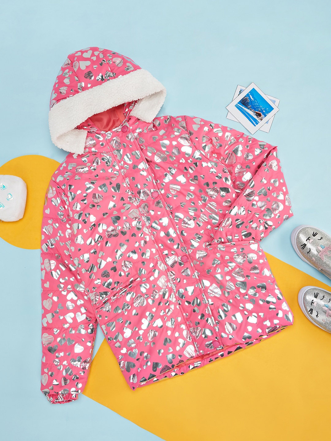 

YU by Pantaloons Girls Abstract Printed Hooded Padded Jacket, Pink
