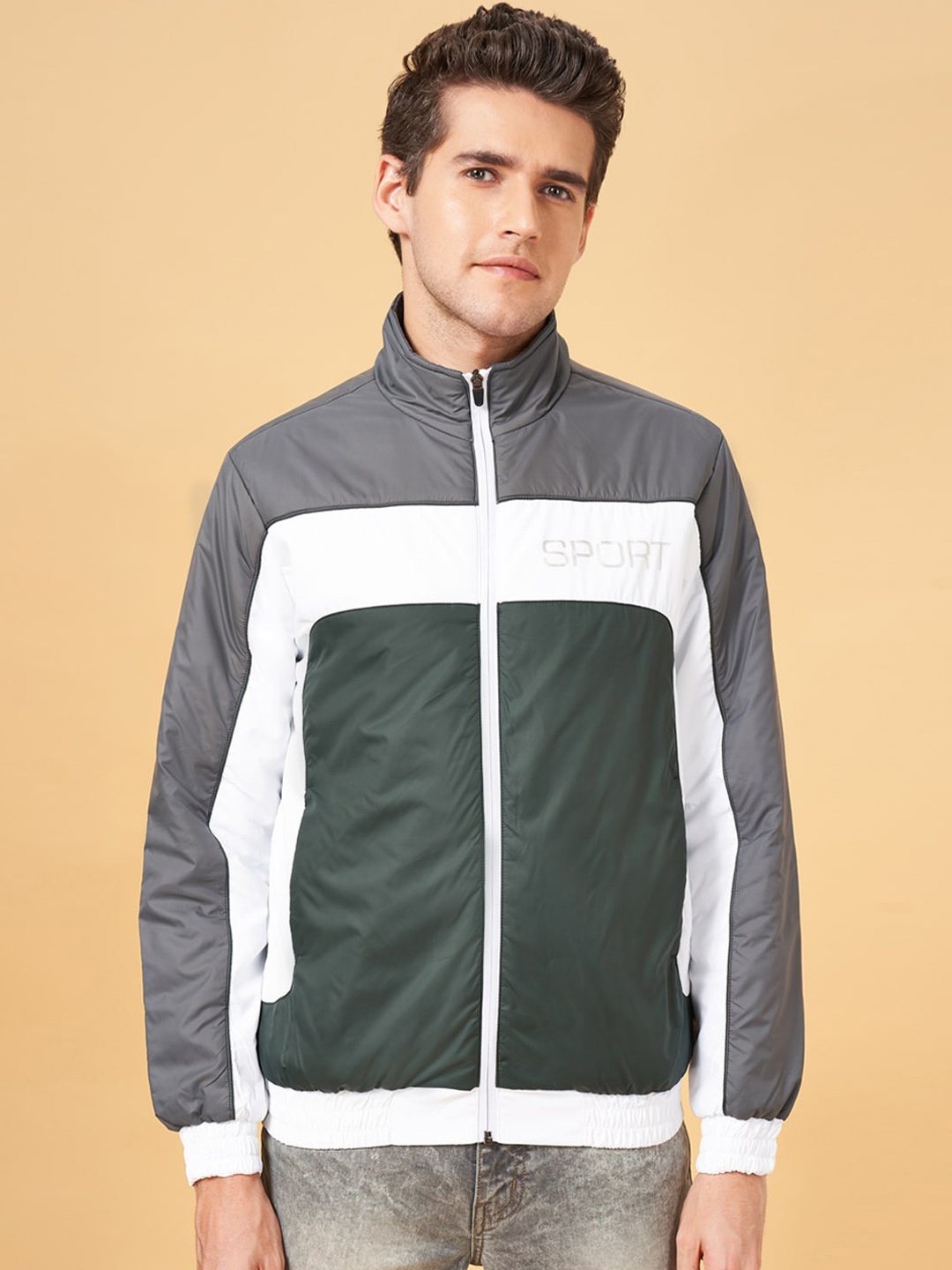 

YU by Pantaloons Colourblocked Stand Collar Bomber Jacket, Green