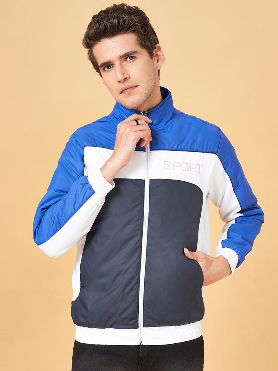 

YU by Pantaloons Colourblocked Mock Collar Bomber Jacket, Blue