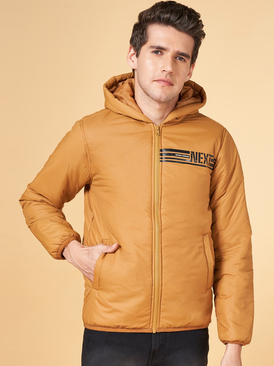 

YU by Pantaloons Hooded Typography Printed Puffer Jacket, Yellow