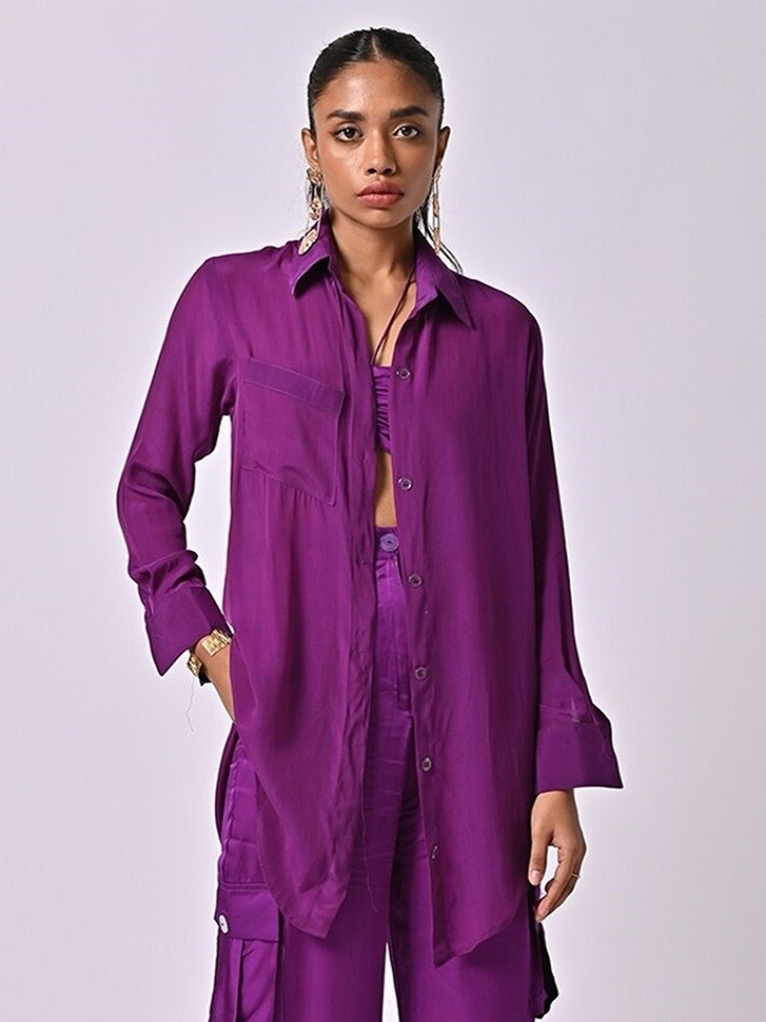 

MISSY Relaxed Oversized Satin Party Shirt, Purple