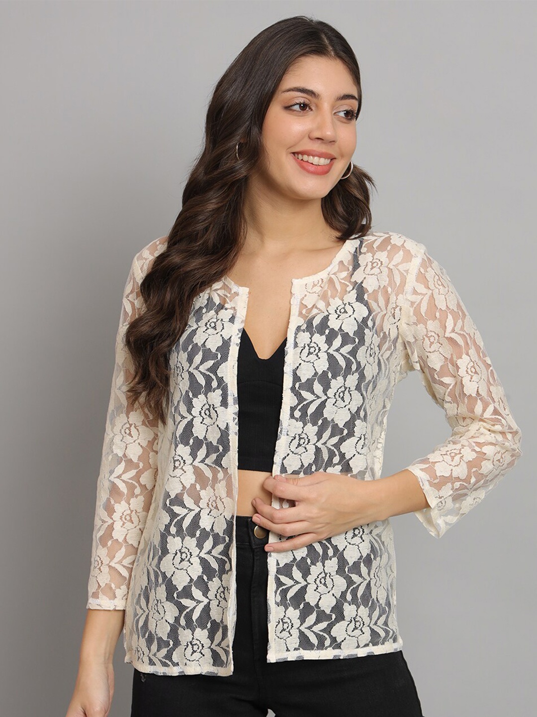 

urSense Self Design Lace Open Front Sheer Shrug, Off white
