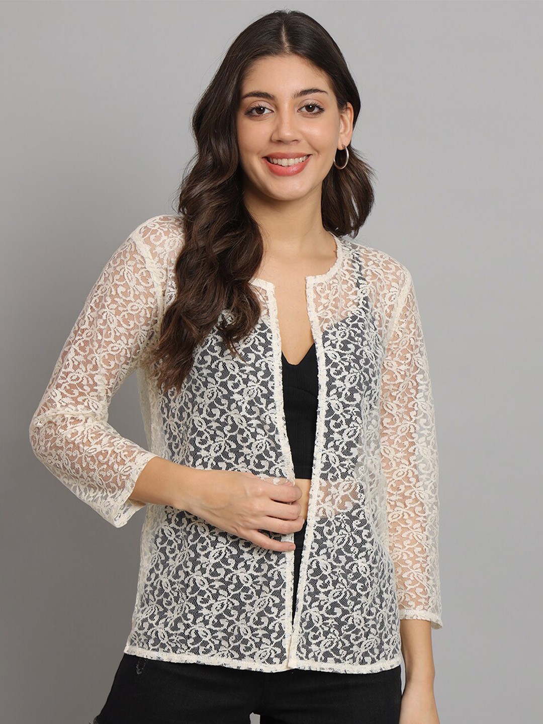 

urSense Sheer Open Front Laced Shrug, Off white